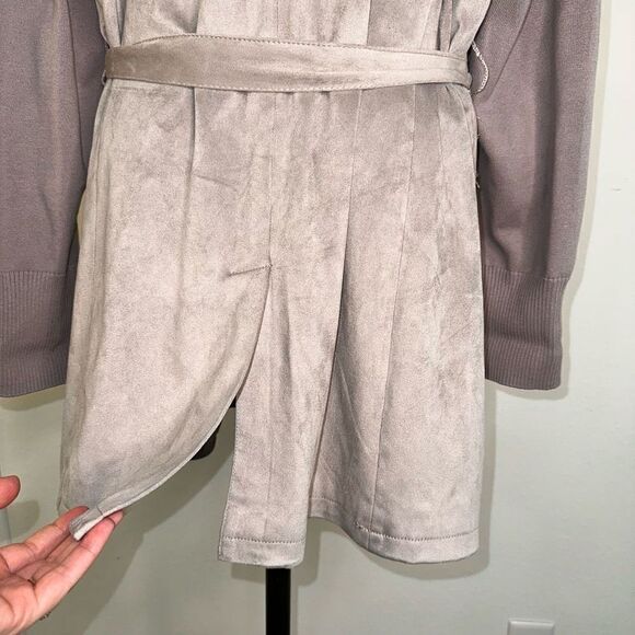 H by Halston Womens 18W Gray Mixed Media Jacket Belted Full Zip Faux Suede - Picture 7 of 14